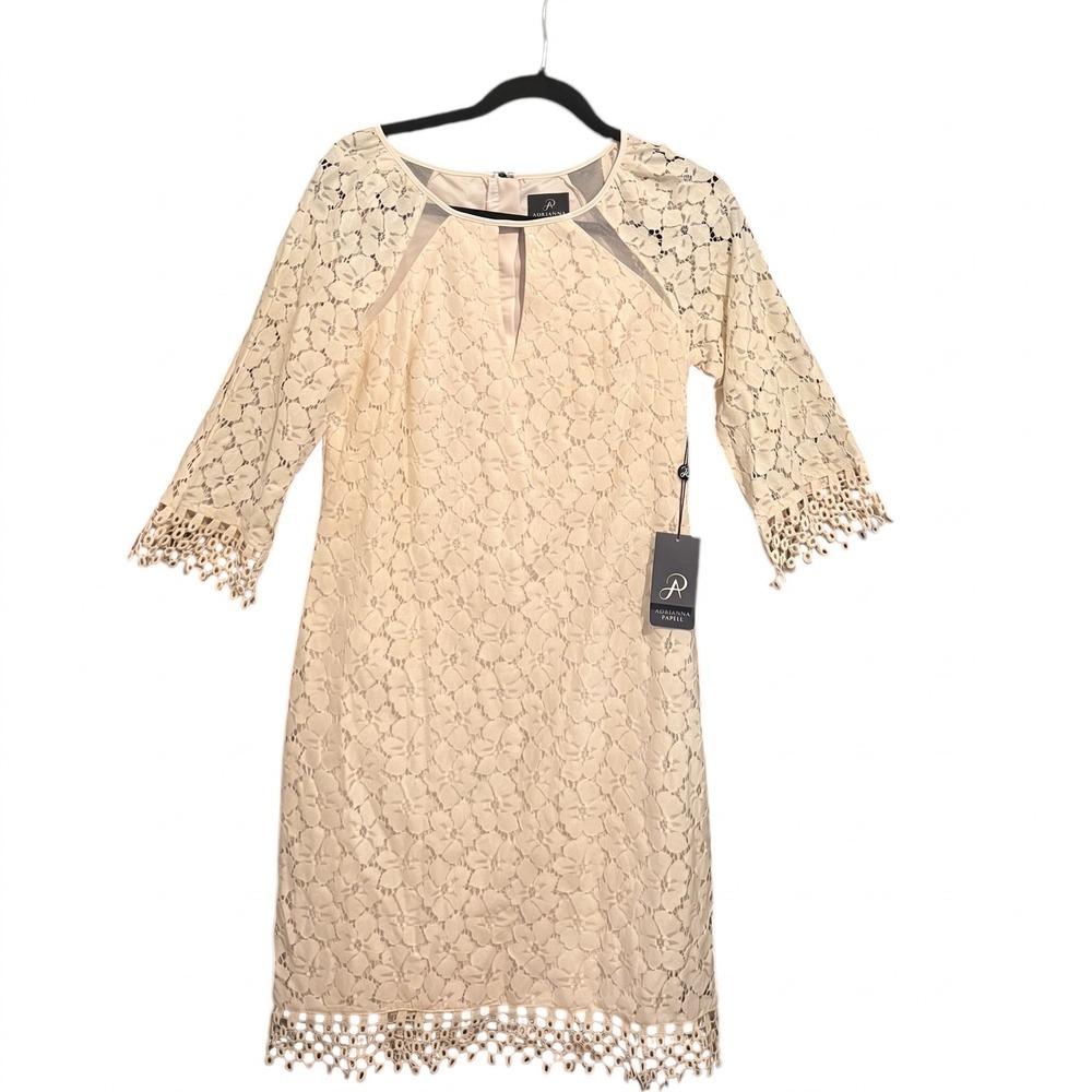 NWT Adrianna Papell Ecr Lace Split Neck Raglan Shift Dress Sz 2 Cream